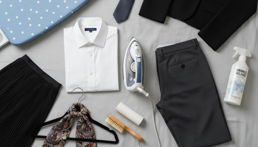 Flat-lay of a formal shirt, linen blazer, suit trousers, steam iron, spray bottle and care labels on a white surface