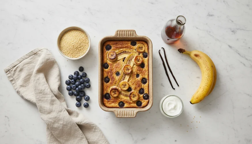 Flat-lay de ingredientes para el budín de mijo con fruta: mijo, arándanos, plátanos, sirope de arce y el budín terminado en una fuente para horno