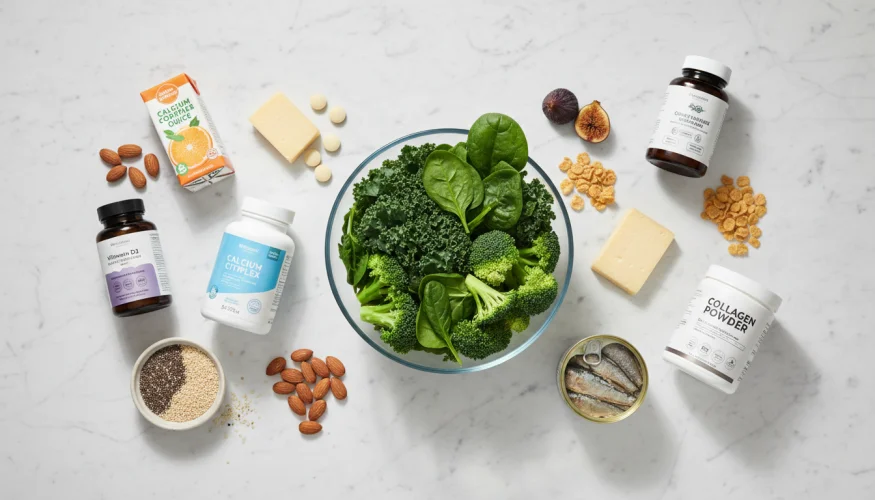 Produkty pro zdravé kosti – mandle, tofu, doplňky s vitaminem D3 a K2 a malé činky