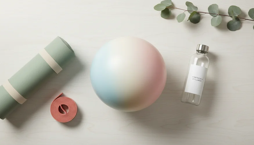 Overball in fitnes pripomočki v product flat-lay kompoziciji na svetli leseni podlagi