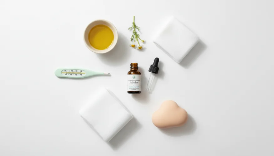 Flat-lay of infant colic relief products including probiotic drops, olive oil, swaddle cloth and baby massage tool
