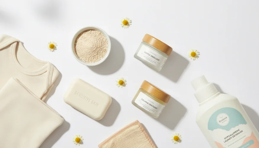 Flatlay of skincare products for infants with eczema – creams, organic clothing and gentle products