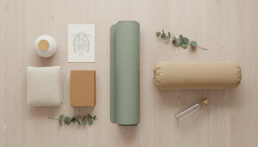 Flat-lay of yoga mat, cork block, bolster and wellness accessories for intercostal muscle stretching