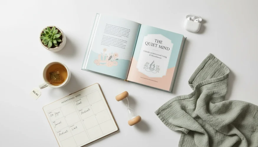Flat-lay of mindfulness book, planner, herbal tea and calm self-care tools for an introverted mother