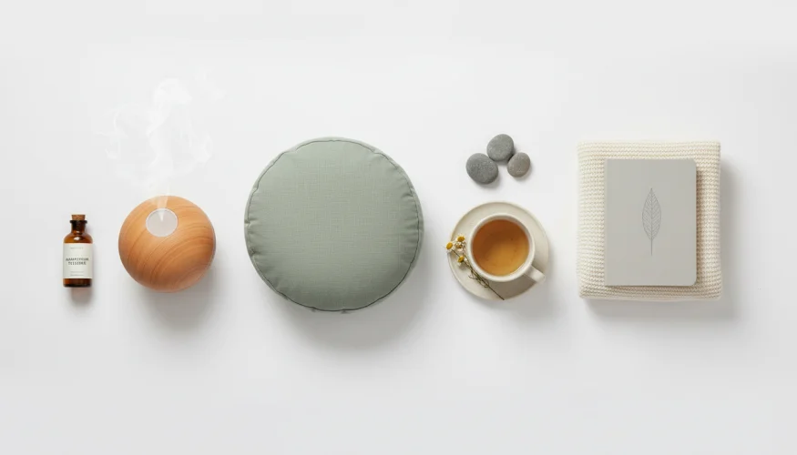 Flat-lay of wellness products for relaxation and regeneration including adaptogens, aromatherapy diffuser and meditation cushion