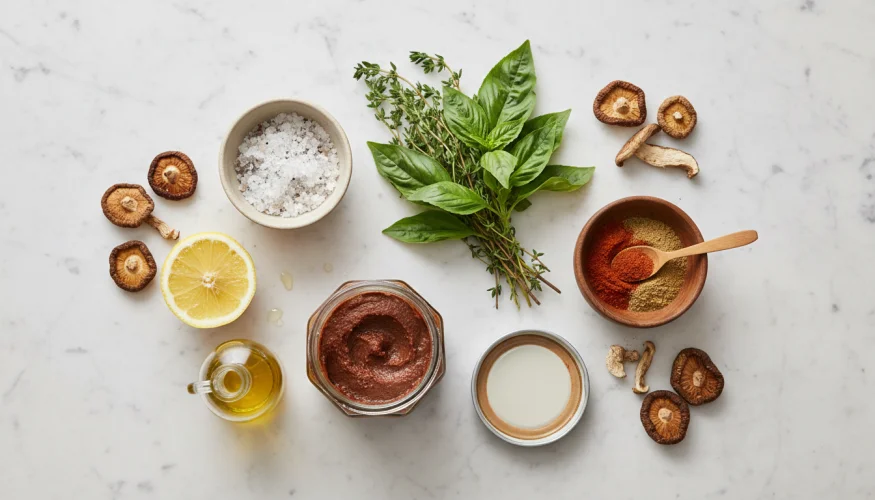 Flat-lay of salt, lemon, olive oil, miso, fresh herbs and spices representing the building blocks of intuitive cooking