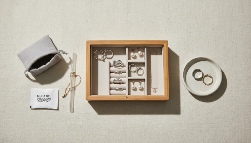 Clear jewelry storage in a bamboo jewelry box with compartments, anti-corrosion bags, and silica gel