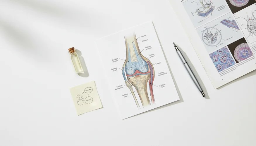 Flat-lay of knee joint anatomy diagram with synovial fluid vial and science notes