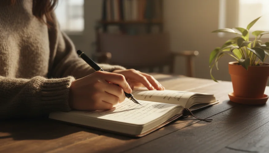 Person, die bei natürlichem Licht handschriftlich in ein Tagebuch schreibt