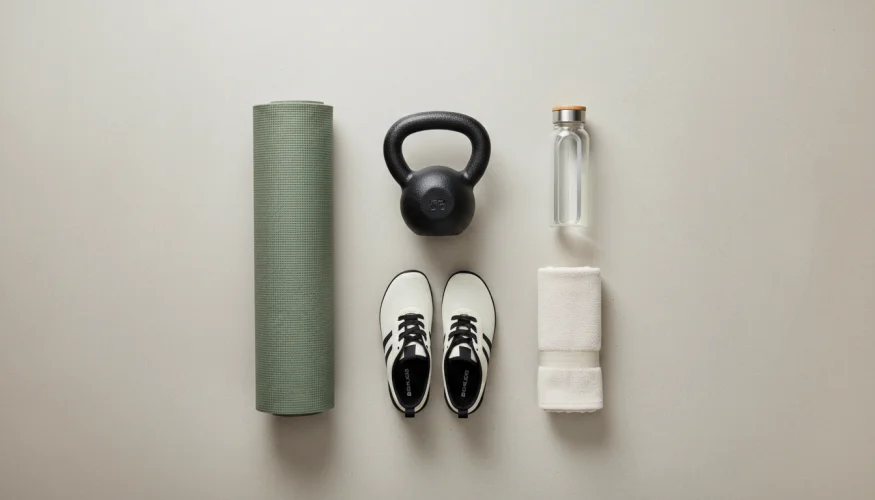 Kettlebell a sportovní vybavení pro turecký vztyk na světlém povrchu