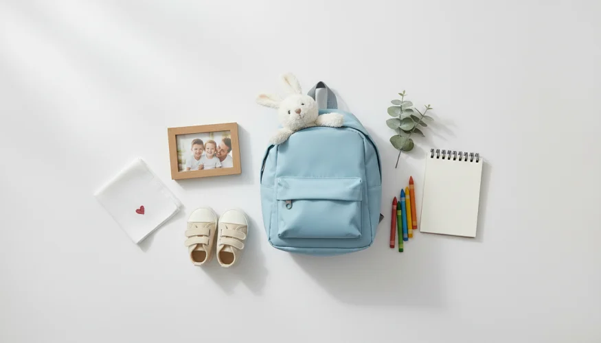 Flat-lay of kindergarten essentials including a small backpack, stuffed animal, family photo, and crayons