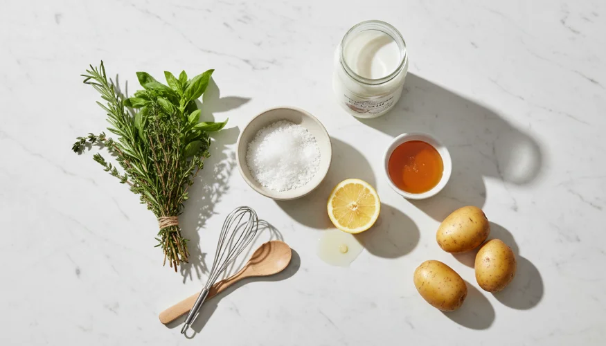Flat-lay of cooking rescue ingredients including lemon, honey, coconut milk, herbs and potatoes on marble