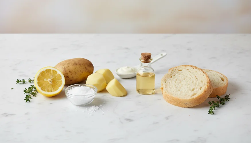 Flat-lay de ingredientes de rescate: patata, limón, vinagre, nata, pan y sal sobre una superficie de mármol