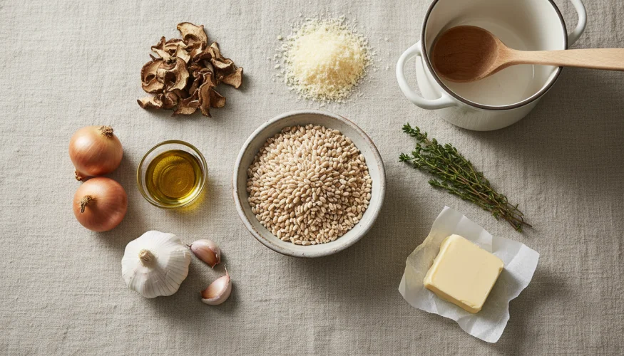 Flat-lay of kroupoto ingredients: pearl barley, dried porcini mushrooms, shallots, garlic, Parmesan, butter, and thyme on linen