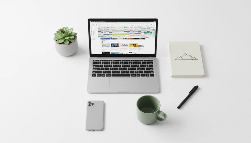 Überfüllter Browser auf einem Laptop, umgeben von minimalistischen Arbeitsmitteln