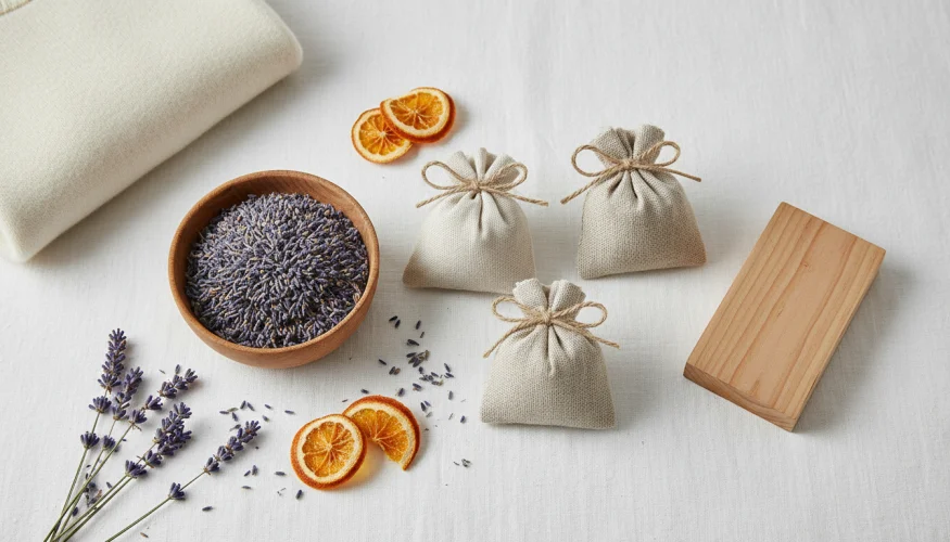 Sachets parfumés à la lavande en coton naturel avec de la lavande séchée et un cube de cèdre sur une surface en lin