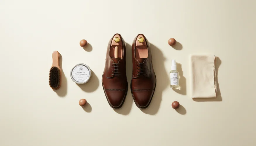 Flat-lay of leather shoe care products including brush, wax, cedar shoe trees and polishing cloth