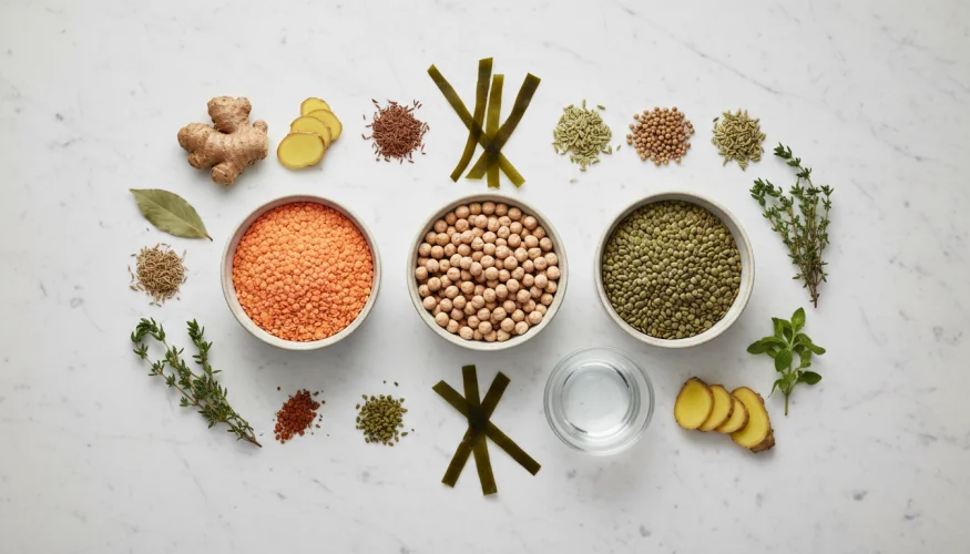 Hierbas y especias para preparar legumbres: comino, jengibre, alga kombu y laurel