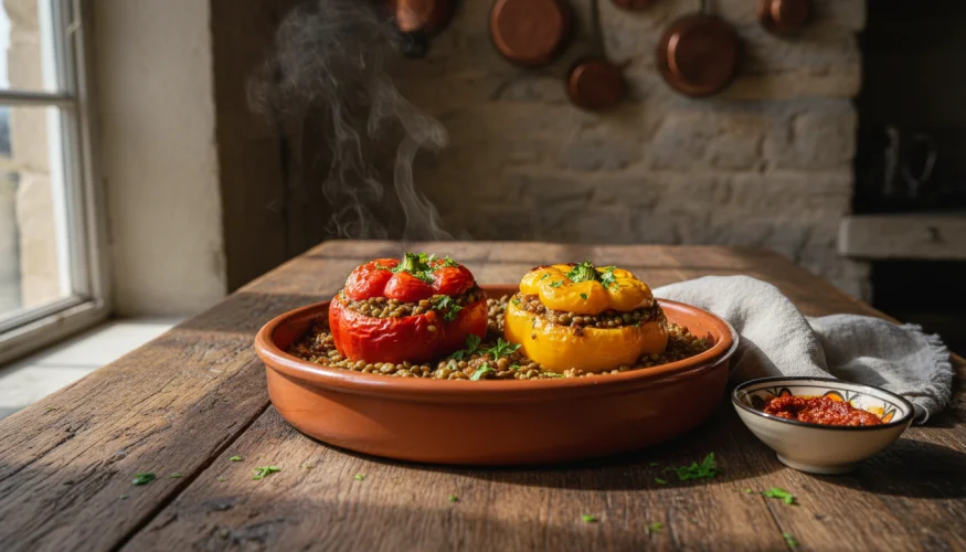Lentil-stuffed baked peppers in tomato sauce on a rustic table