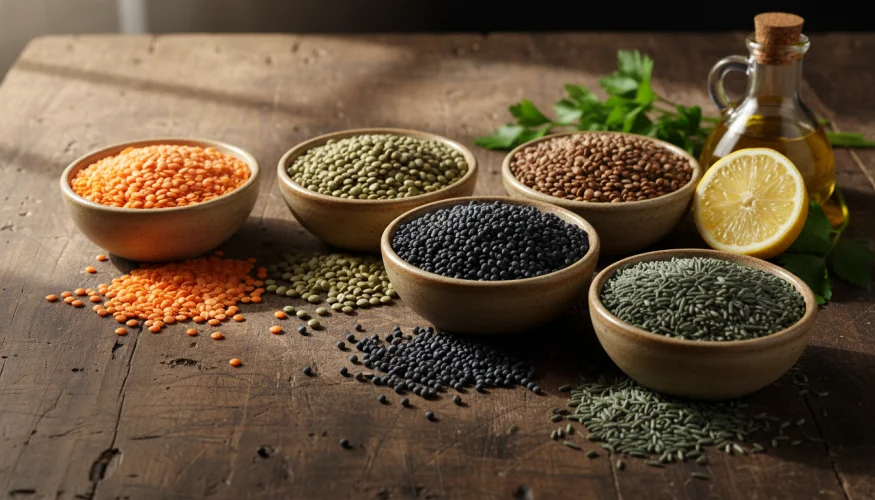 Various types of lentils in bowls on a rustic wooden table