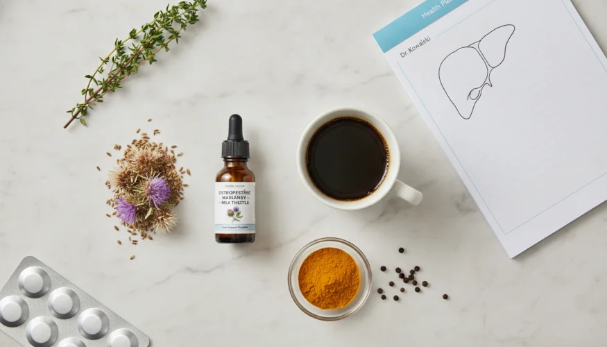 Ervas, suplementos e café para a saúde do fígado – cardo-mariano, cúrcuma, pimenta-preta e café em estilo flat-lay