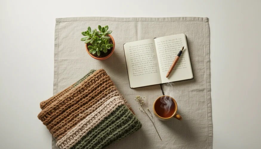 Flat-lay with journal, plant, tea mug and knit blanket evoking quiet loneliness amid everyday life