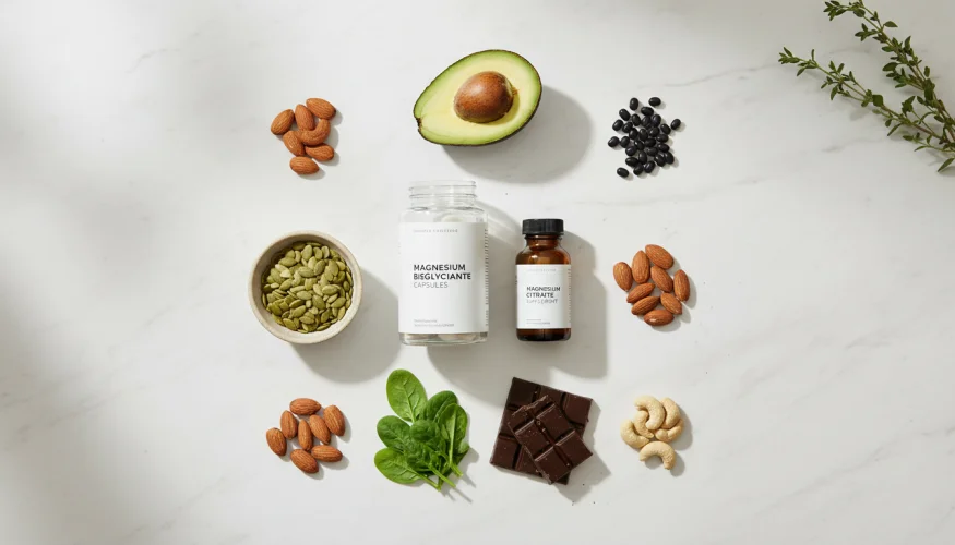 Suplementos de magnésio e alimentos ricos em magnésio – sementes de abóbora, amêndoas, chocolate amargo, espinafre e abacate