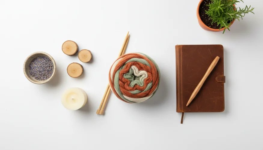 Flat-lay of knitting yarn, wooden needles, beeswax candle, herbal plant and journal evoking mindful manual work