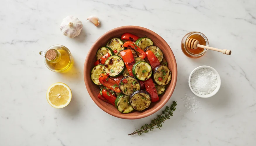 Mariniertes Gemüse mit Olivenöl, Kräutern und Knoblauch in einer Keramikschüssel