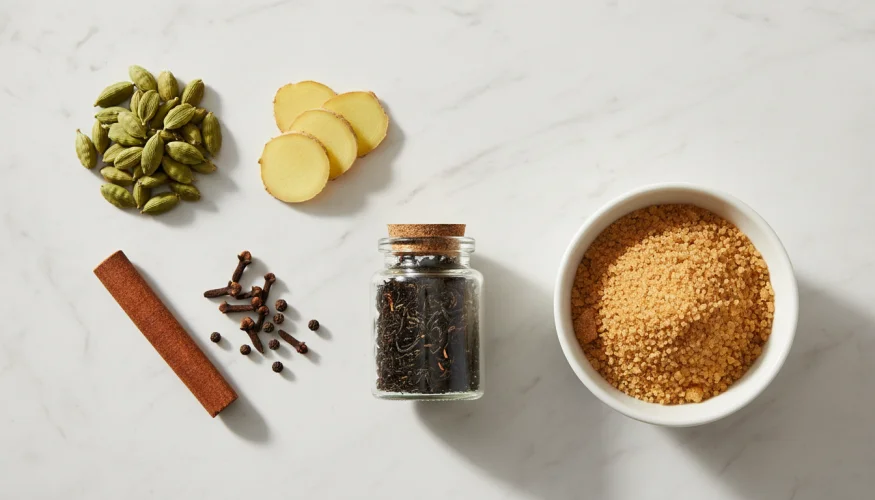 Čerstvé koření pro masala chai – kardamom, skořice, hřebíček, zázvor, pepř a sypaný čaj