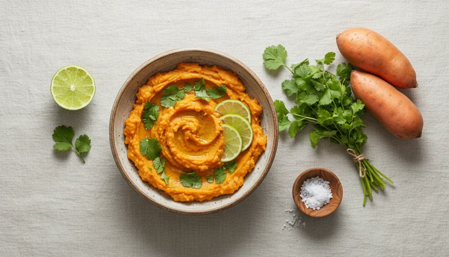 Purée de patates douces au citron vert et à la coriandre dans un bol en céramique