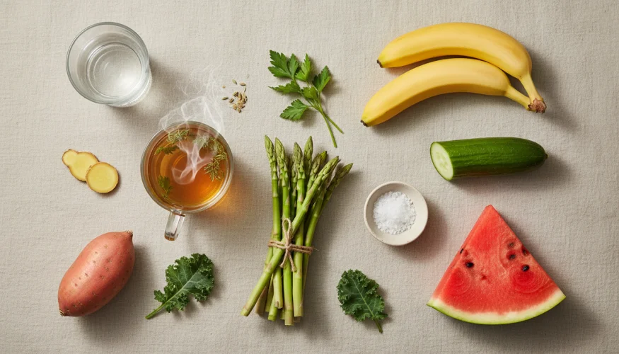 Flat-lay of anti-bloating foods including cucumber, asparagus, banana, sweet potato, parsley, watermelon and herbal tea