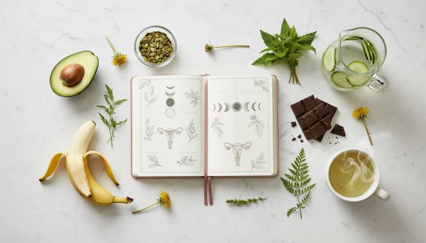 Flat-lay of a cycle tracking journal surrounded by potassium-rich foods, herbal teas and fresh water supporting natural relief from water retention
