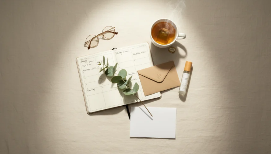 Flat-lay of self-care items including a notebook, pen, succulent, and herbal tea evoking psychotherapy and mental wellbeing