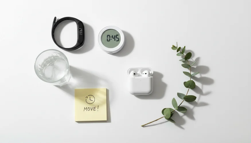 Flat-lay of everyday micro-movement tools including a fitness tracker, timer, water glass, and earbuds on a white surface