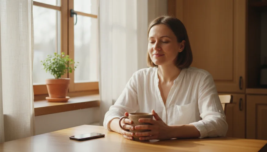 Eine Frau sitzt an einem sonnigen Küchenfenster mit einer Tasse Kräutertee während einer bewussten Mittagspause