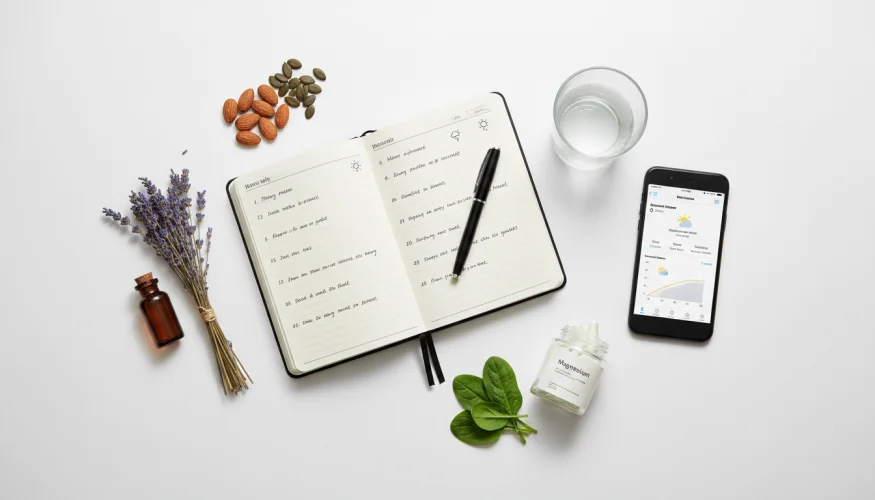 Hoofdpijndagboek, magnesiumsupplementen, lavendelolie, een glas water en een meteorologische app als preventie van weergerelateerde hoofdpijn