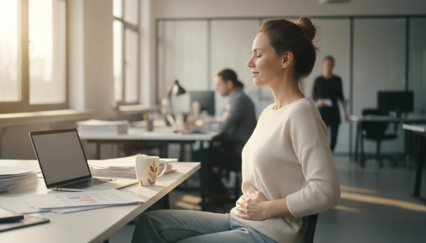 Frau im Büro, die bewusstes Atmen praktiziert, mit der Hand auf dem Bauch