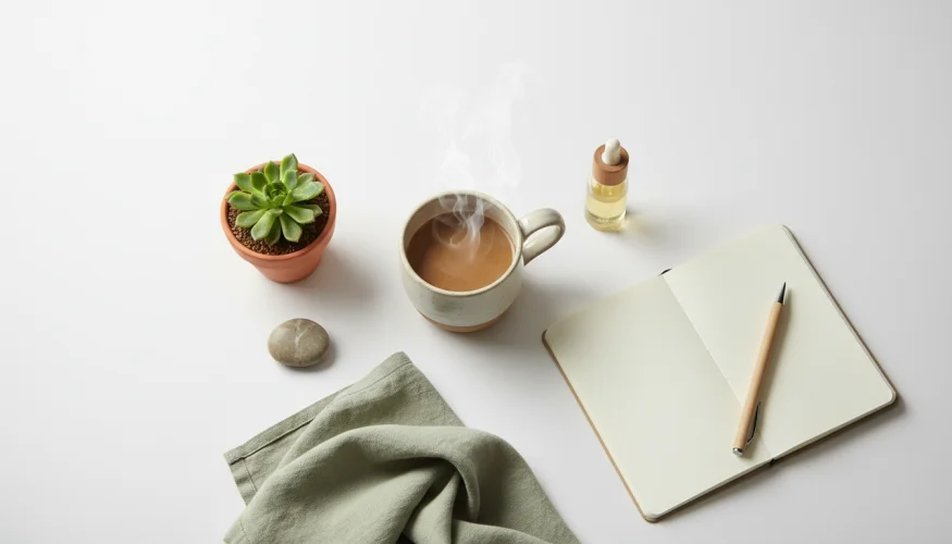 Composizione flat-lay tranquilla di oggetti quotidiani per uno stile di vita consapevole – caffè, pietra, pianta, taccuino