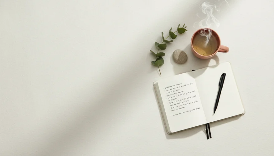 Tagebuch, Kräutertee und ein Stein als Symbole für das bewusste Setzen von Grenzen