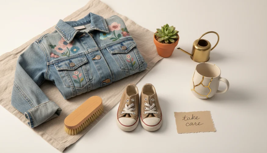 Flat-lay of children's shoes, a hand-painted denim jacket, a kintsugi mug, and a small plant symbolising care and sustainable values