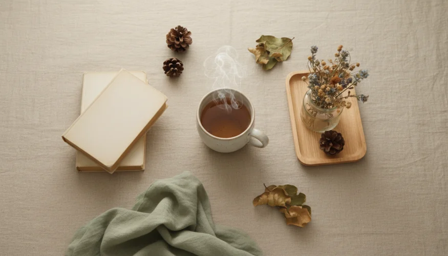 Flat-lay of ceramic mug, books, organic cotton fabric, pinecones and dried flowers on linen surface
