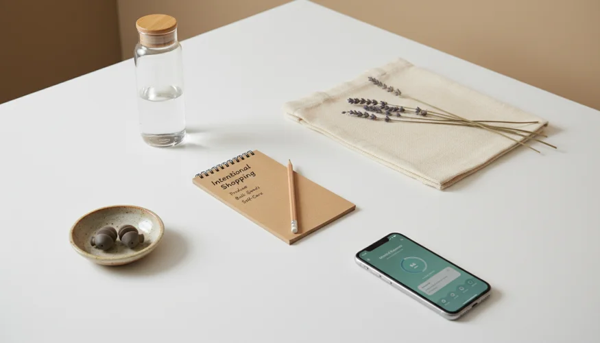 Flat-lay of eco-friendly shopping essentials including a linen tote bag, glass water bottle, shopping list notepad, and lavender on a white surface
