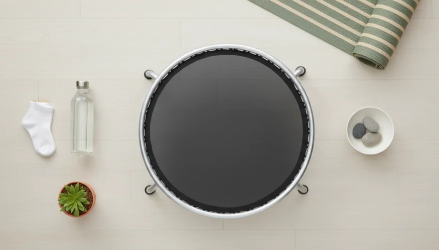 Mini-Trampolin Rebounder mit Wellness-Zubehör – ein Glas Wasser, Socken und eine Pflanze