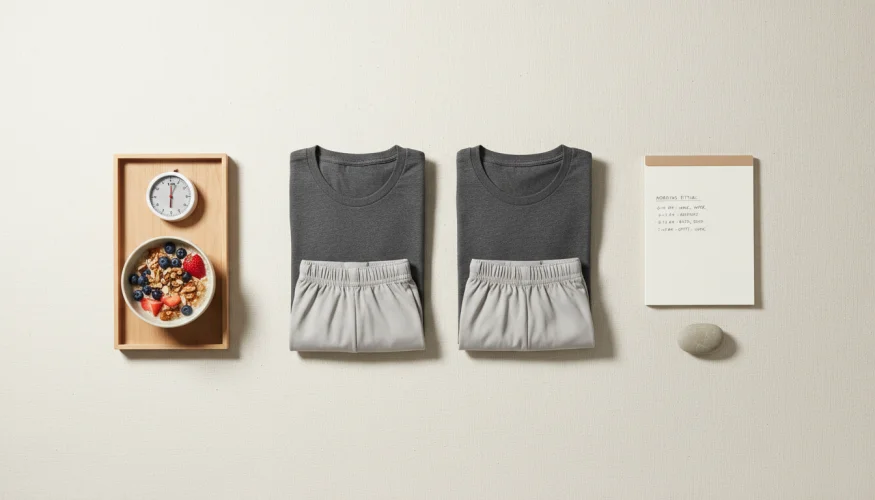 Flat-lay of meal prep, minimalist outfit and planner representing intentional daily routines