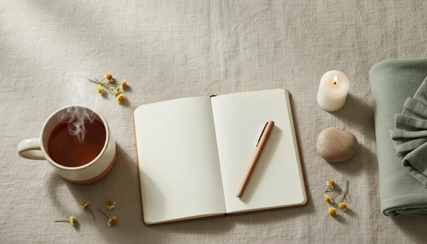 Flat-lay of a ceramic tea mug, open journal, candle, and cozy blanket arranged as a mindful daily ritual