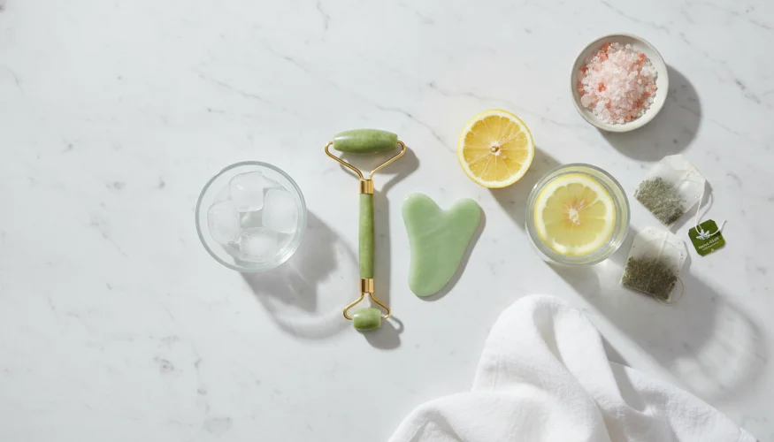 Flat-lay of jade roller, gua sha stone, lemon water, ice, green tea bags and himalayan salt for reducing morning facial puffiness