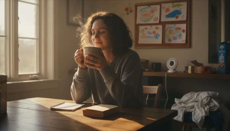 Una madre si gode tranquillamente il caffè mattutino prima che si sveglino i bambini