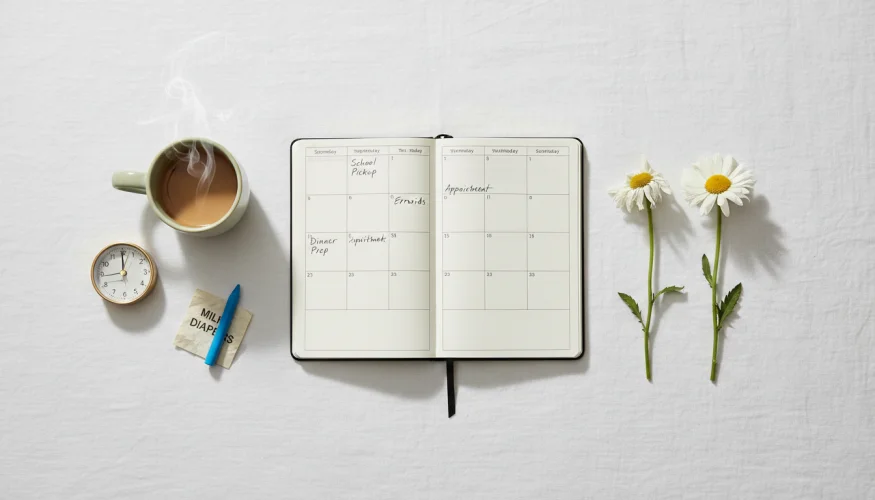 Flat-lay of a planner, coffee, crayon and grocery list symbolizing a mother's mental load