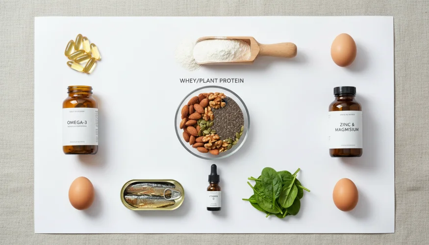 Flat-lay of protein and micronutrient foods and supplements supporting muscle growth